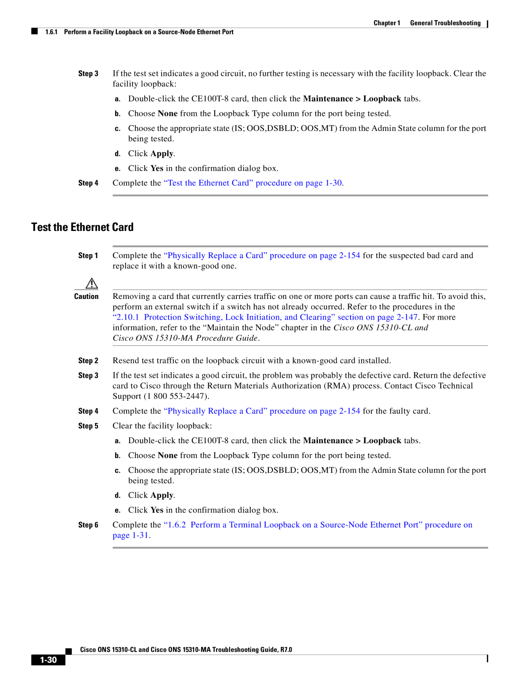 Cisco Systems ONS 15310-CL manual Test the Ethernet Card, Cisco ONS 15310-MA Procedure Guide 