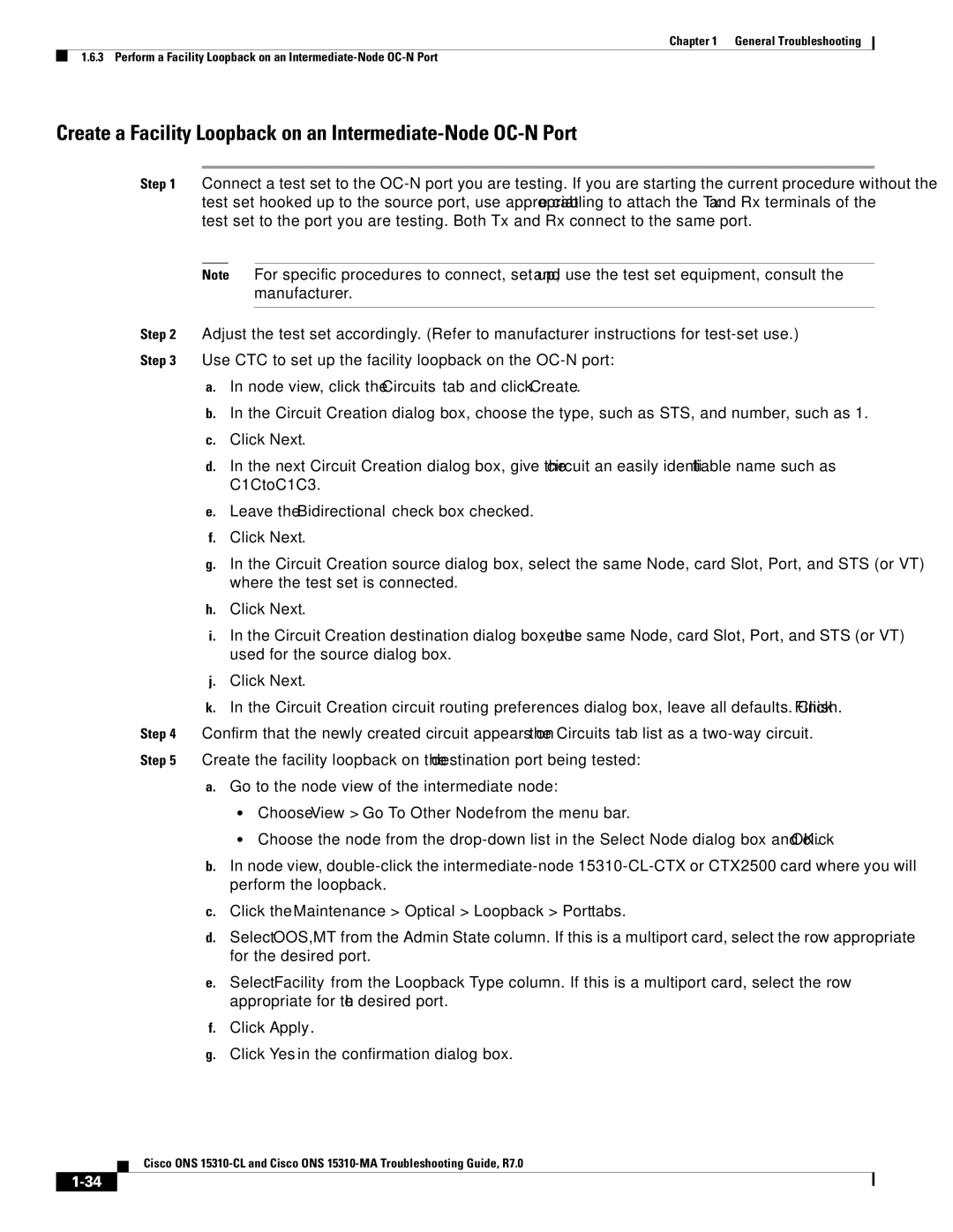 Cisco Systems ONS 15310-CL, ONS 15310-MA manual Create a Facility Loopback on an Intermediate-Node OC-N Port 