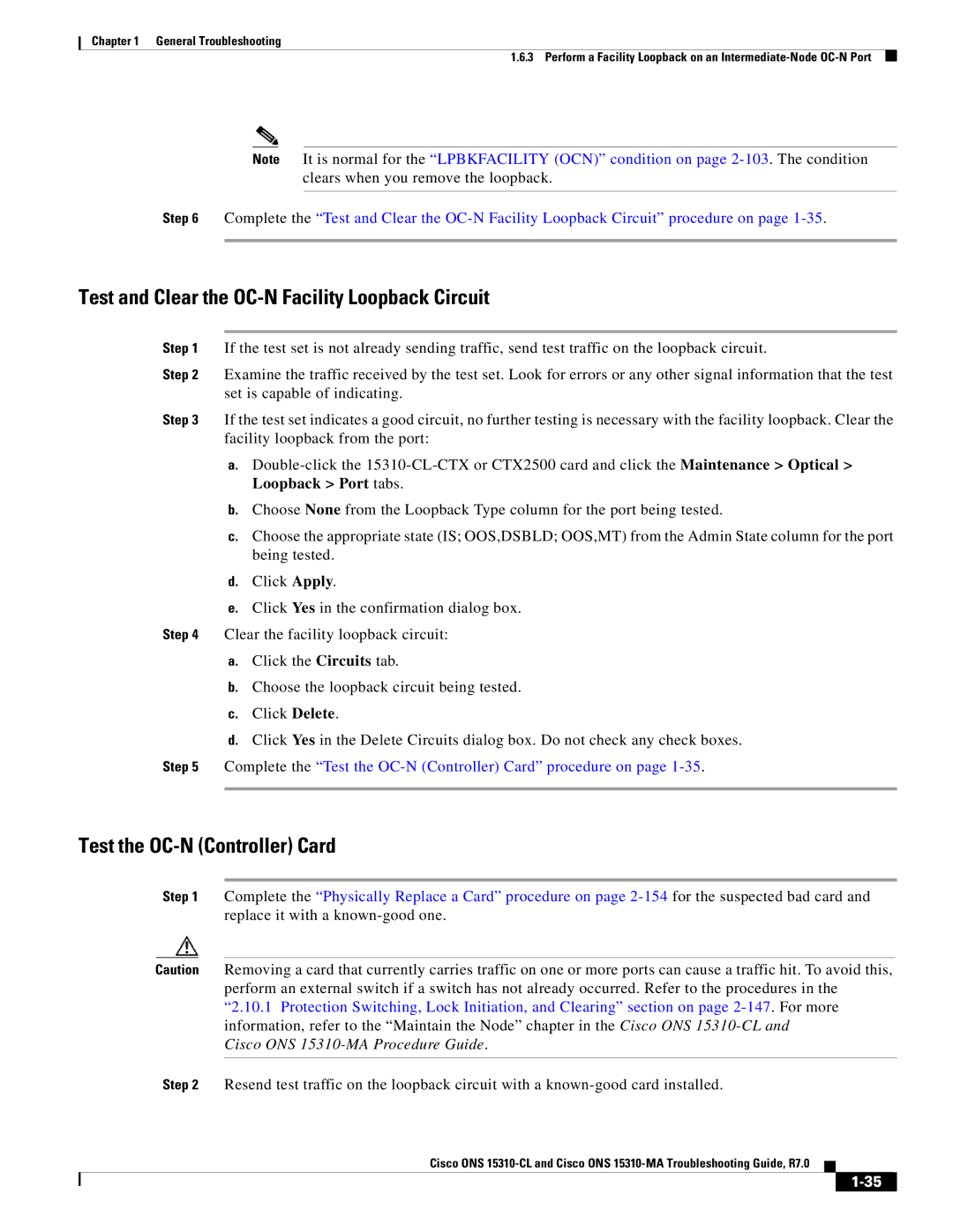 Cisco Systems ONS 15310-MA, ONS 15310-CL Test and Clear the OC-N Facility Loopback Circuit, Test the OC-N Controller Card 