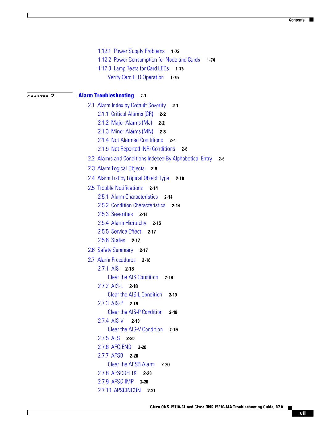 Cisco Systems ONS 15310-MA, ONS 15310-CL manual Alarm Troubleshooting, Vii 