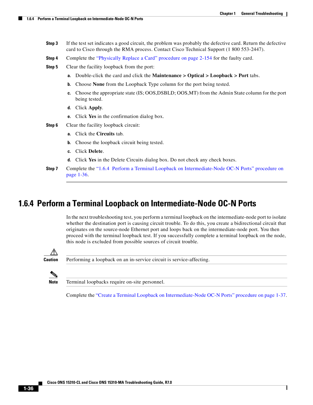 Cisco Systems ONS 15310-CL, ONS 15310-MA manual Perform a Terminal Loopback on Intermediate-Node OC-N Ports 