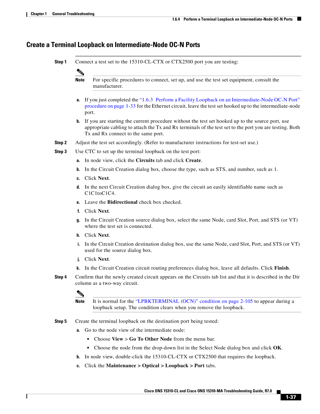 Cisco Systems ONS 15310-MA, ONS 15310-CL manual Create a Terminal Loopback on Intermediate-Node OC-N Ports 