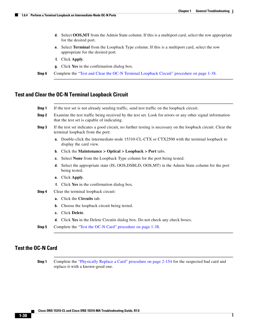 Cisco Systems ONS 15310-CL, ONS 15310-MA manual Test and Clear the OC-N Terminal Loopback Circuit, Test the OC-N Card 