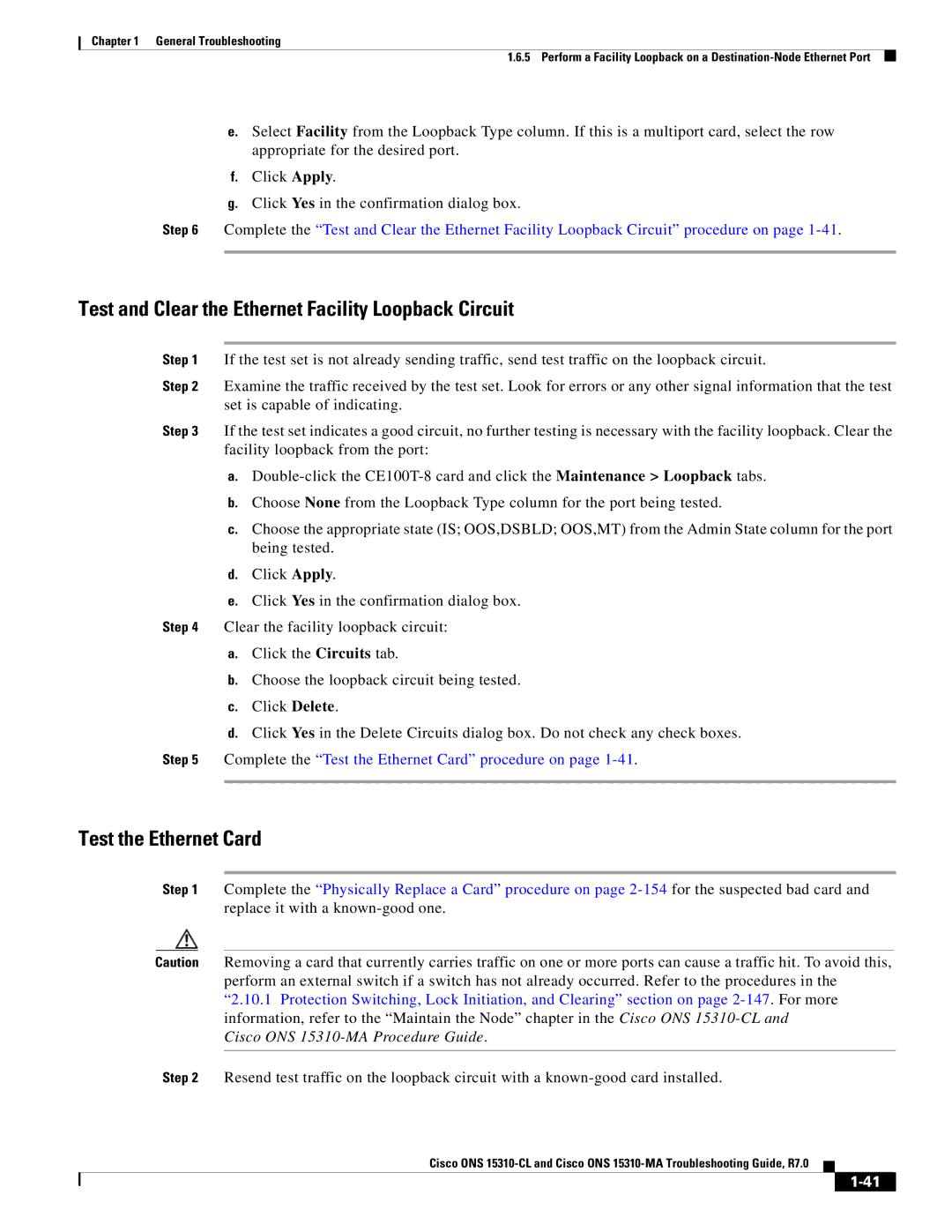 Cisco Systems ONS 15310-MA, ONS 15310-CL Test and Clear the Ethernet Facility Loopback Circuit, Test the Ethernet Card 