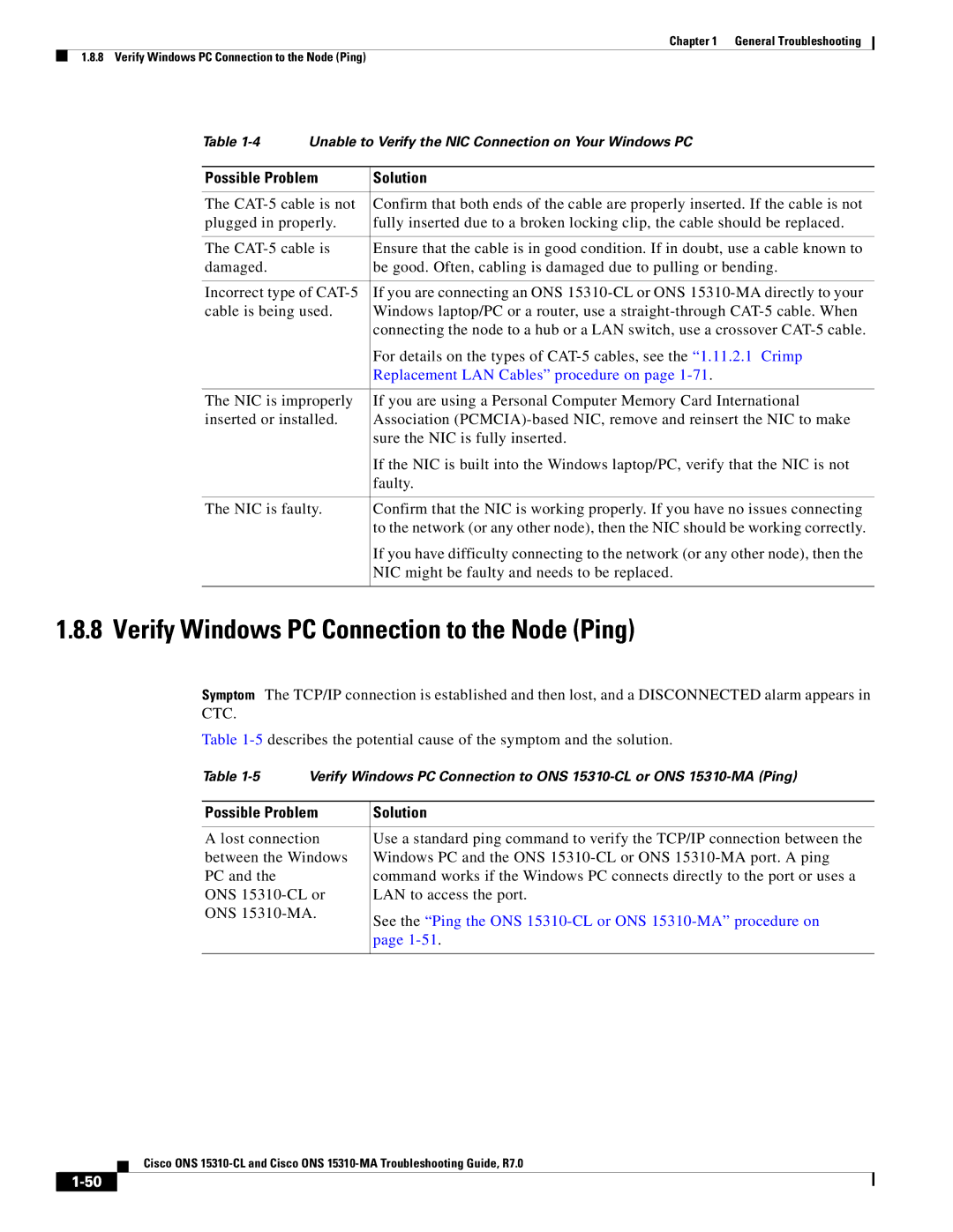 Cisco Systems ONS 15310-CL manual Verify Windows PC Connection to the Node Ping, Replacement LAN Cables procedure on 