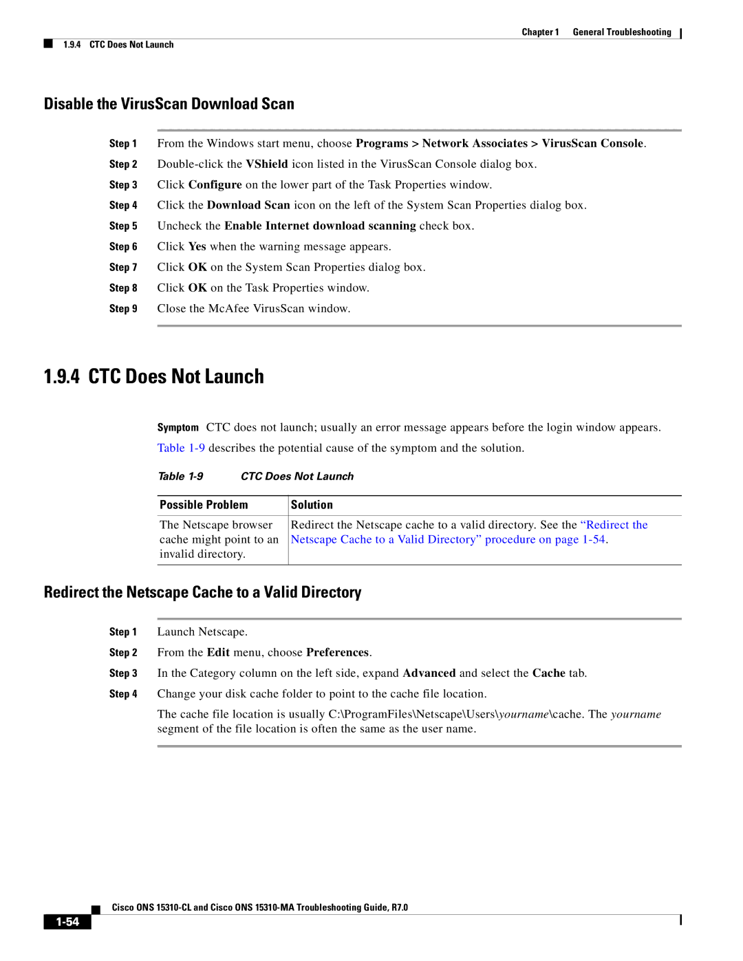 Cisco Systems ONS 15310-CL, ONS 15310-MA manual CTC Does Not Launch, Disable the VirusScan Download Scan 