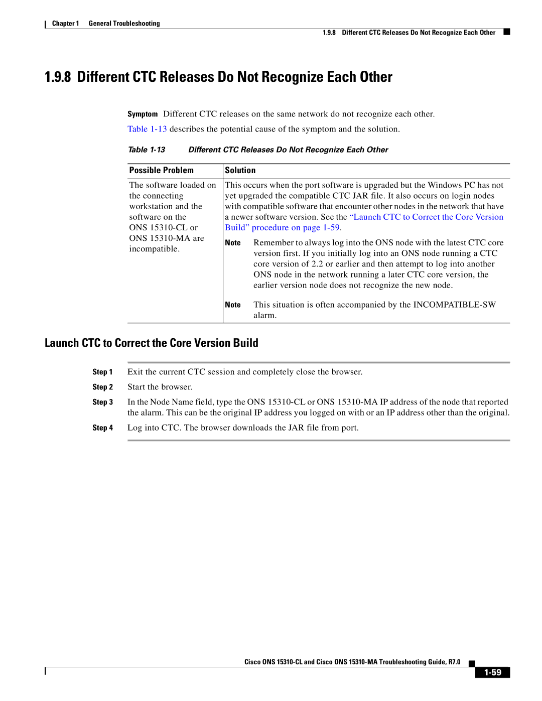 Cisco Systems ONS 15310-MA, ONS 15310-CL manual Different CTC Releases Do Not Recognize Each Other, Build procedure on 