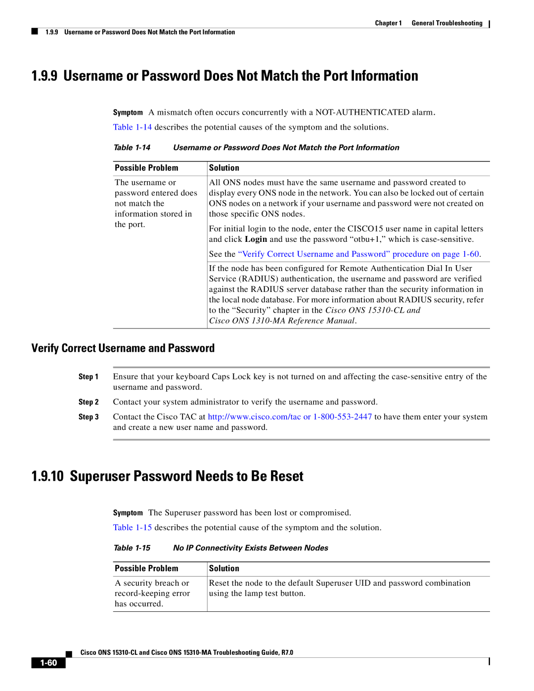 Cisco Systems ONS 15310-CL Username or Password Does Not Match the Port Information, Superuser Password Needs to Be Reset 