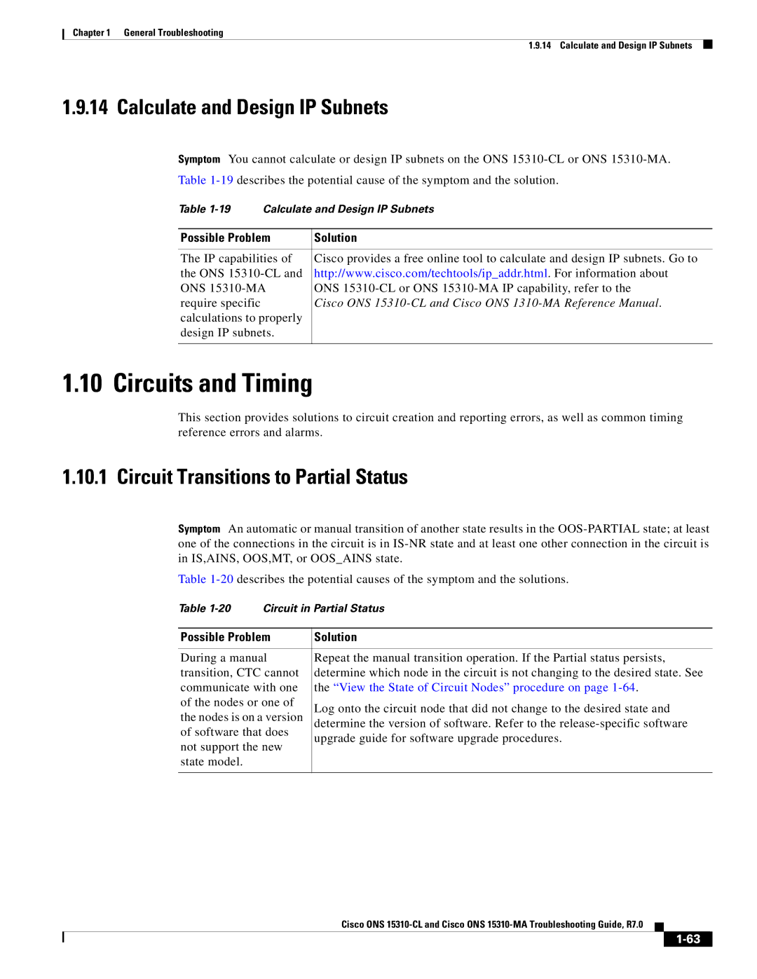 Cisco Systems ONS 15310-MA Circuits and Timing, Calculate and Design IP Subnets, Circuit Transitions to Partial Status 