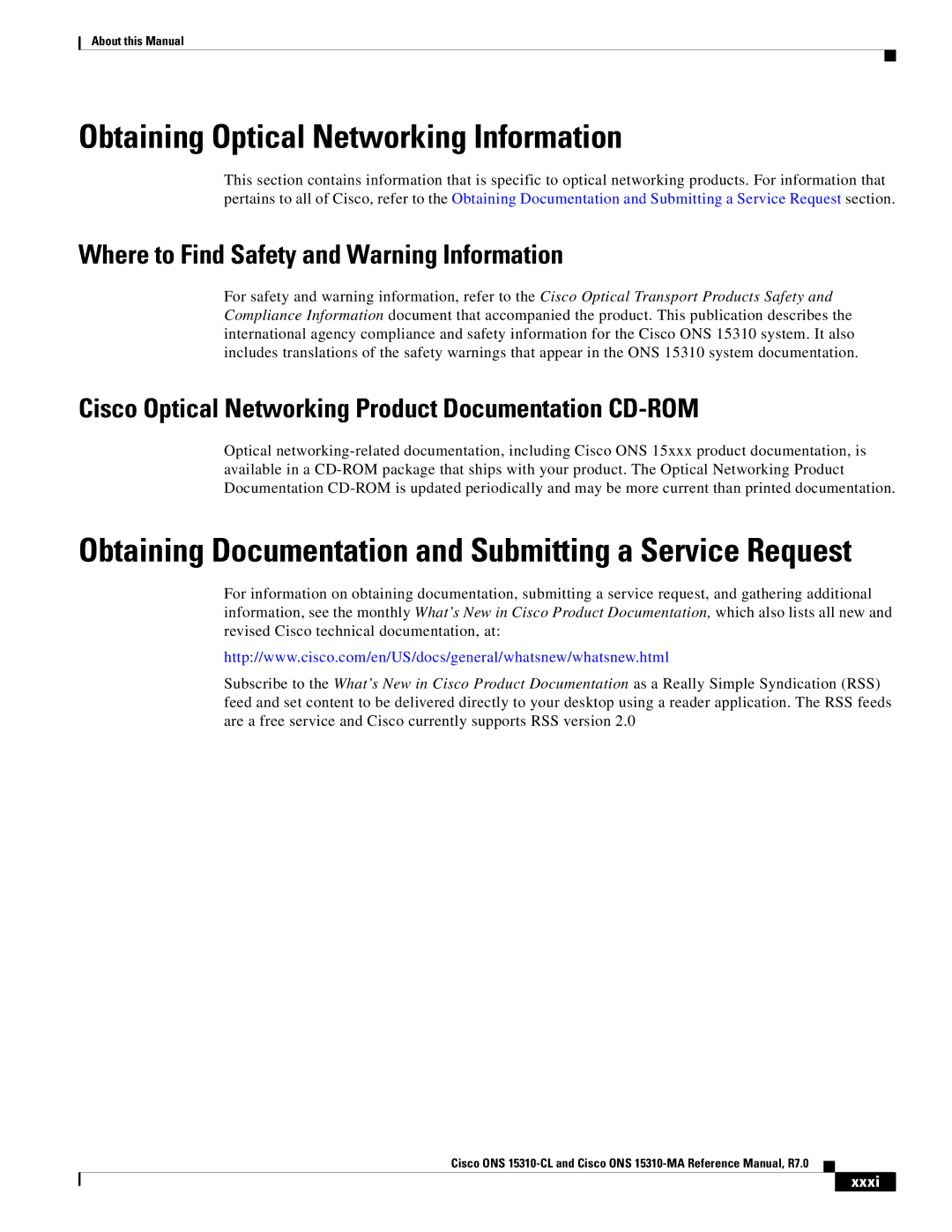 Cisco Systems ONS 15310-MA, ONS 15310-CL manual Obtaining Optical Networking Information, Xxxi 