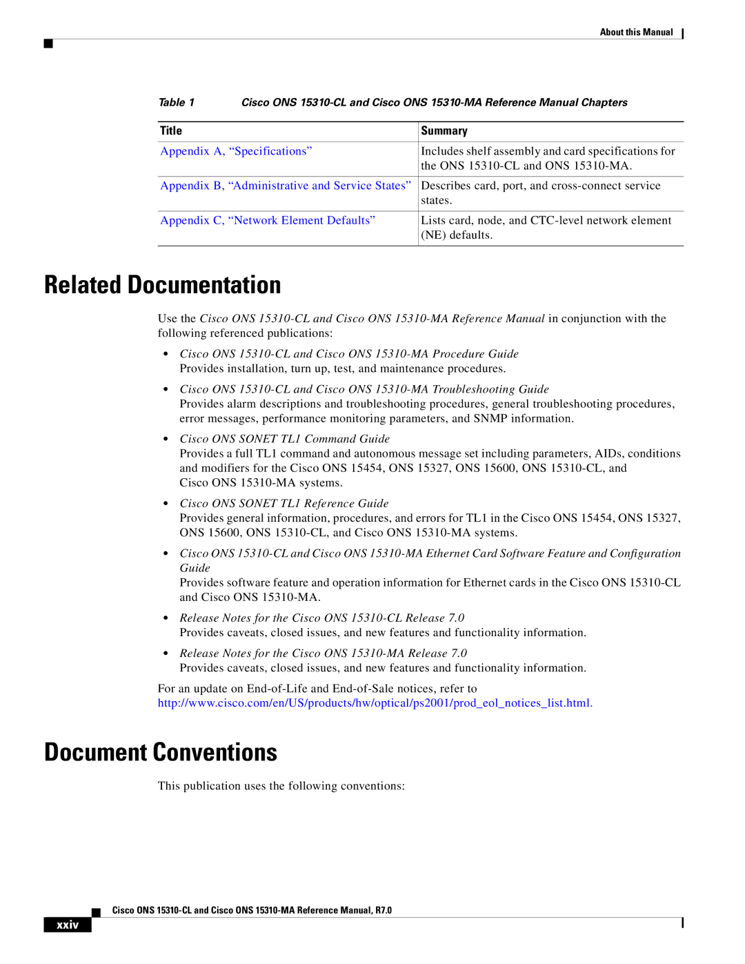 Cisco Systems ONS 15310-CL, ONS 15310-MA manual Related Documentation, Document Conventions, Xxiv 