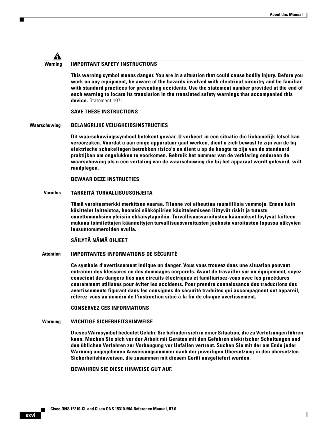 Cisco Systems ONS 15310-CL, ONS 15310-MA Bewaar Deze Instructies, Säilytä Nämä Ohjeet, Conservez CES Informations, Xxvi 