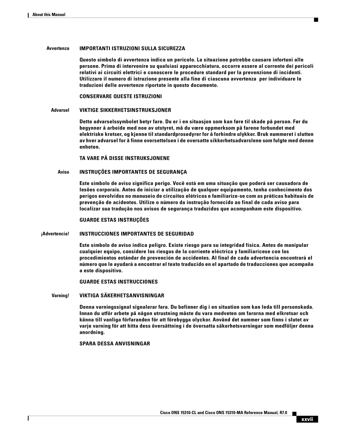 Cisco Systems ONS 15310-MA manual Conservare Queste Istruzioni, TA Vare PÅ Disse Instruksjonene, Guarde Estas Instruções 