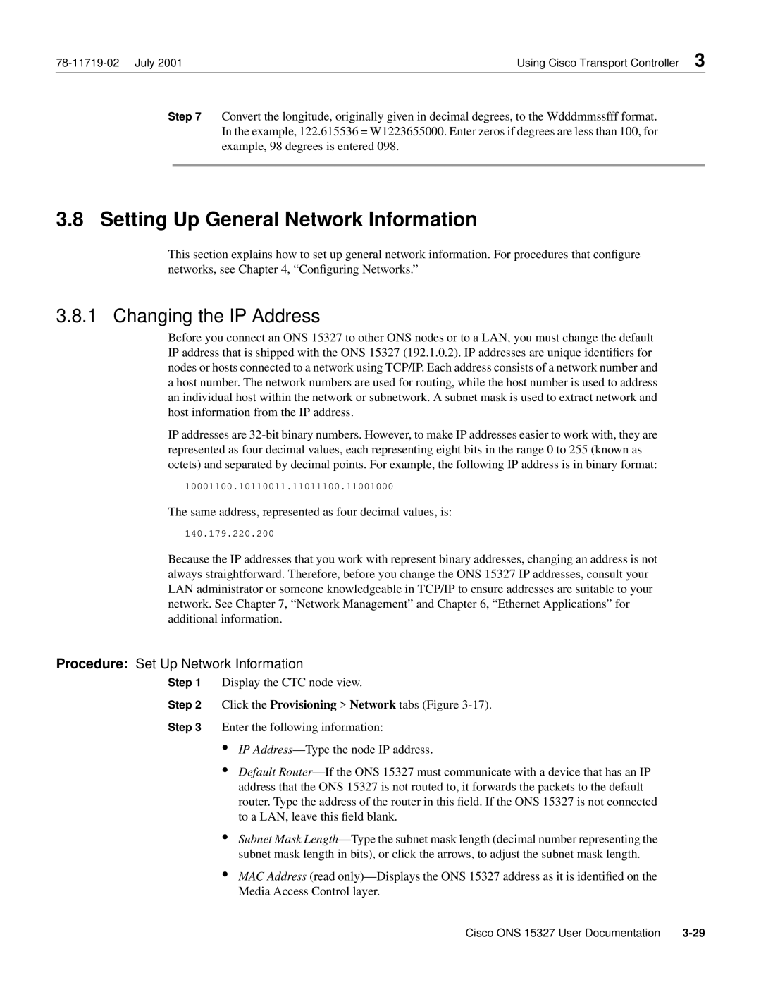 Cisco Systems ONS 15327 manual Setting Up General Network Information, Changing the IP Address 