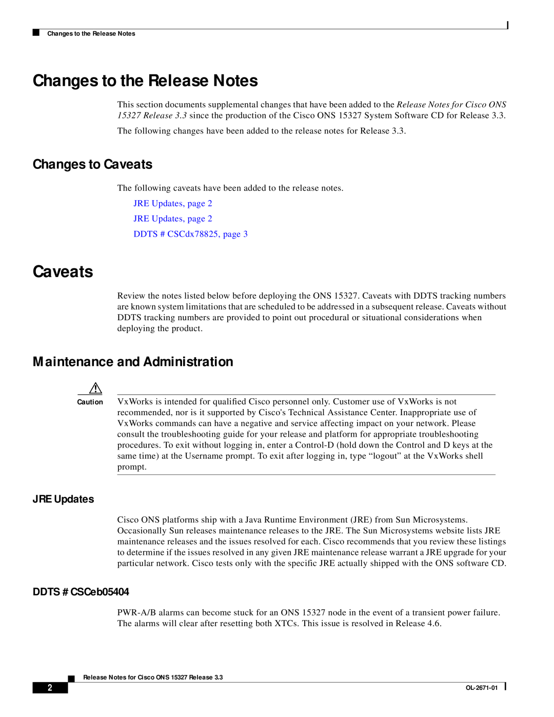 Cisco Systems ONS 15327 Changes to the Release Notes, Changes to Caveats, Maintenance and Administration, JRE Updates 