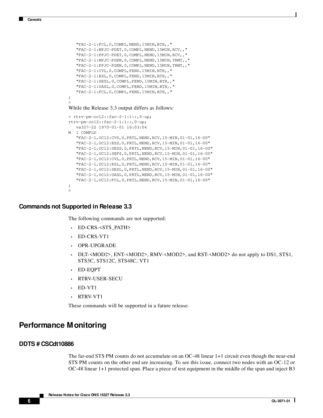 Cisco Systems ONS 15327 manual Performance Monitoring, Commands not Supported in Release, DDTS # CSCdt10886 