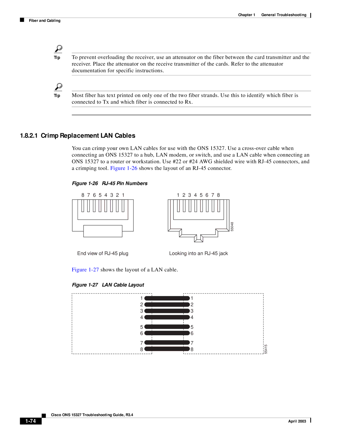 Cisco Systems ONS 15327 manual Crimp Replacement LAN Cables, 26 RJ-45 Pin Numbers 