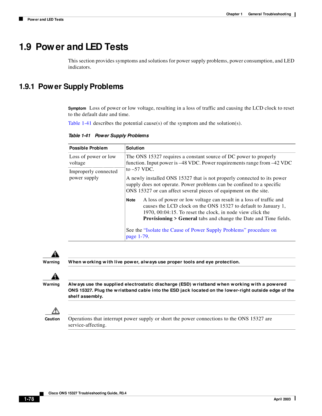 Cisco Systems ONS 15327 manual Power and LED Tests, Power Supply Problems 