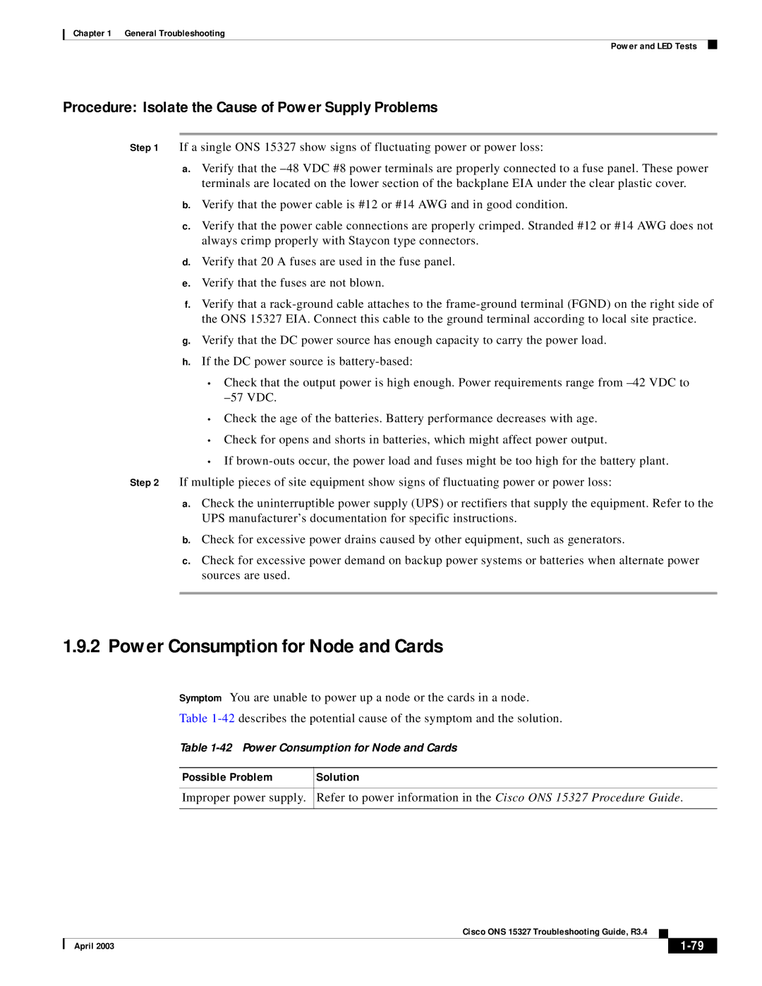 Cisco Systems ONS 15327 manual Power Consumption for Node and Cards, Procedure Isolate the Cause of Power Supply Problems 