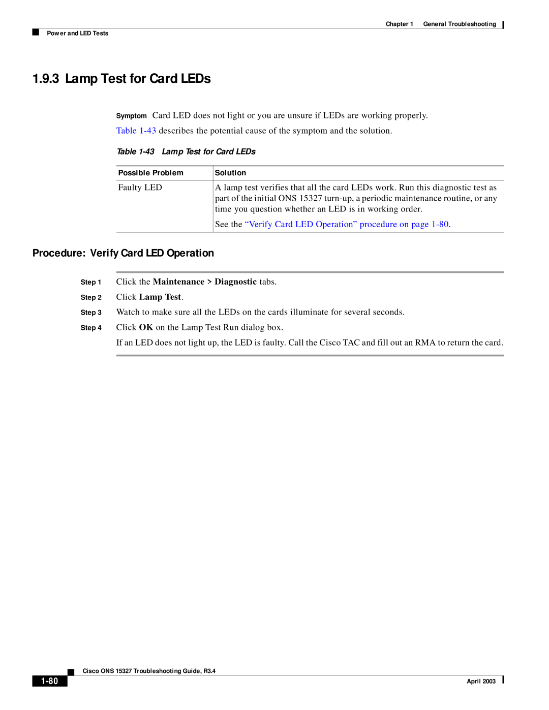 Cisco Systems ONS 15327 manual Lamp Test for Card LEDs, Procedure Verify Card LED Operation 