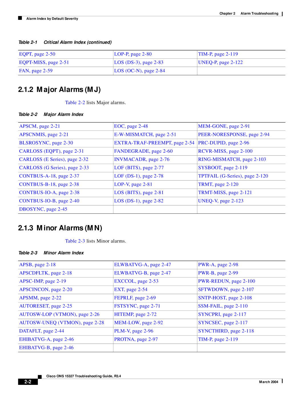Cisco Systems ONS 15327 manual Major Alarms MJ, Minor Alarms MN 