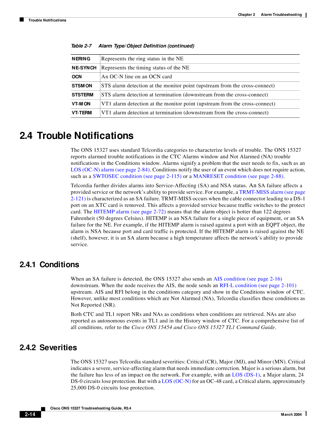 Cisco Systems ONS 15327 manual Trouble Notifications, Conditions, Severities 