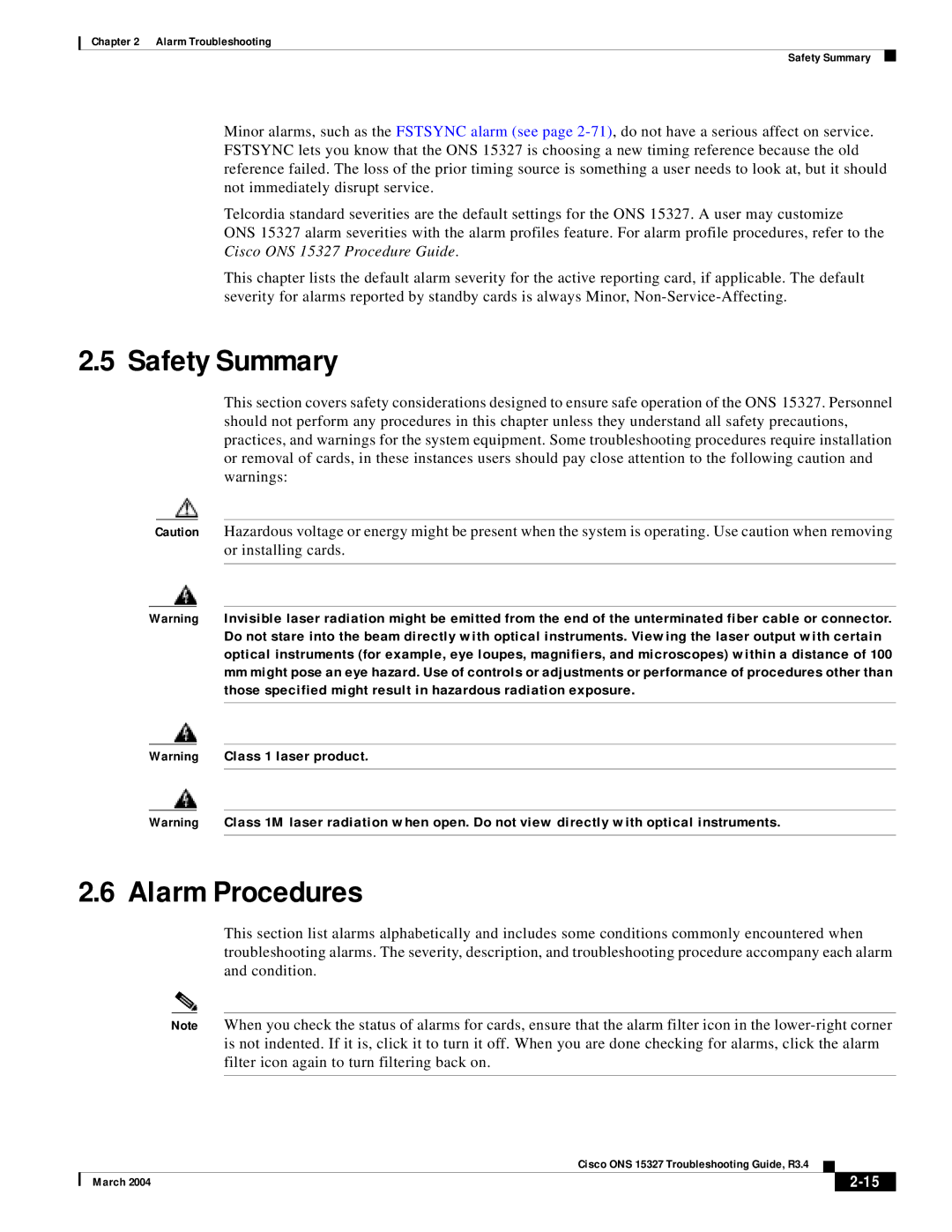 Cisco Systems ONS 15327 manual Safety Summary, Alarm Procedures 