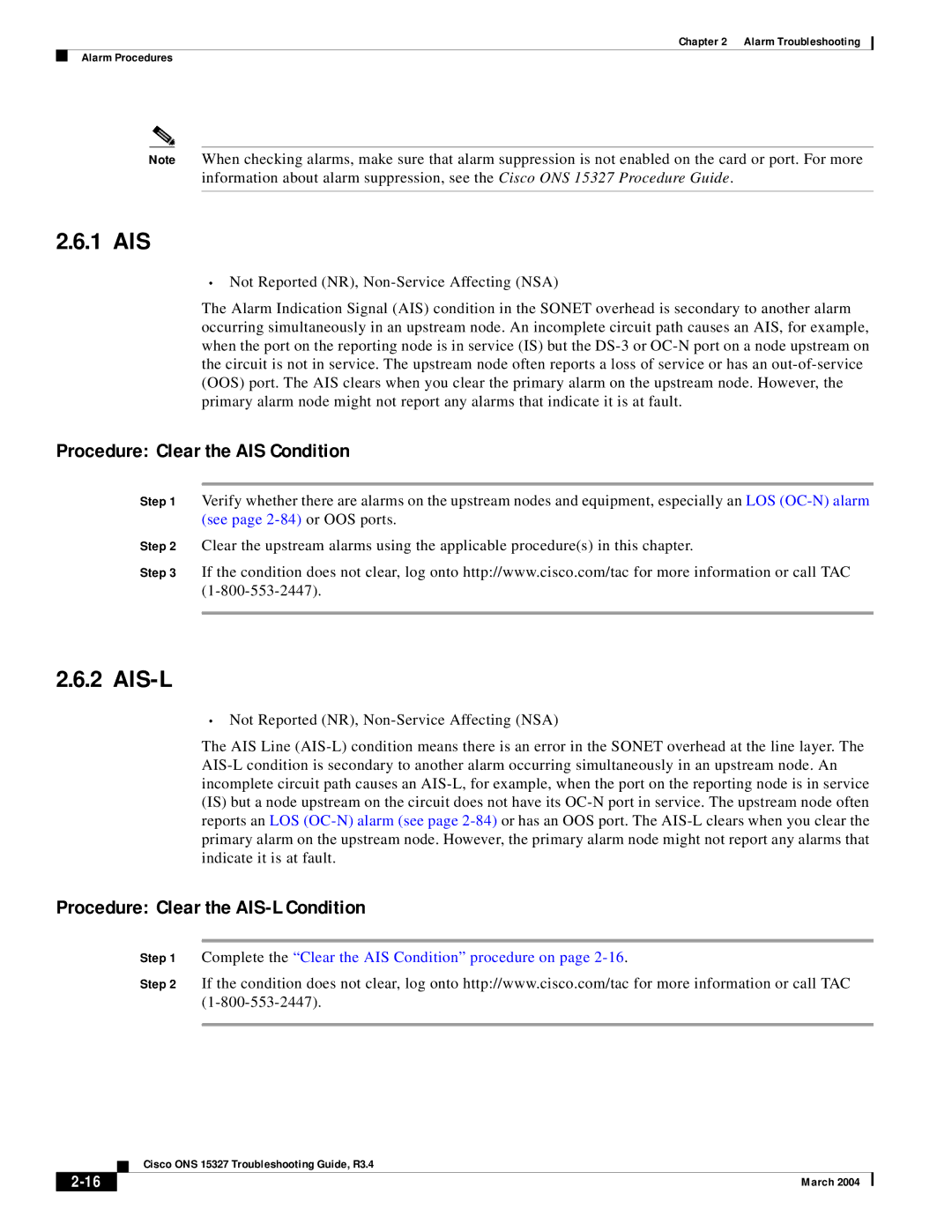 Cisco Systems ONS 15327 manual 1 AIS, Ais-L, Procedure Clear the AIS Condition, Procedure Clear the AIS-L Condition 