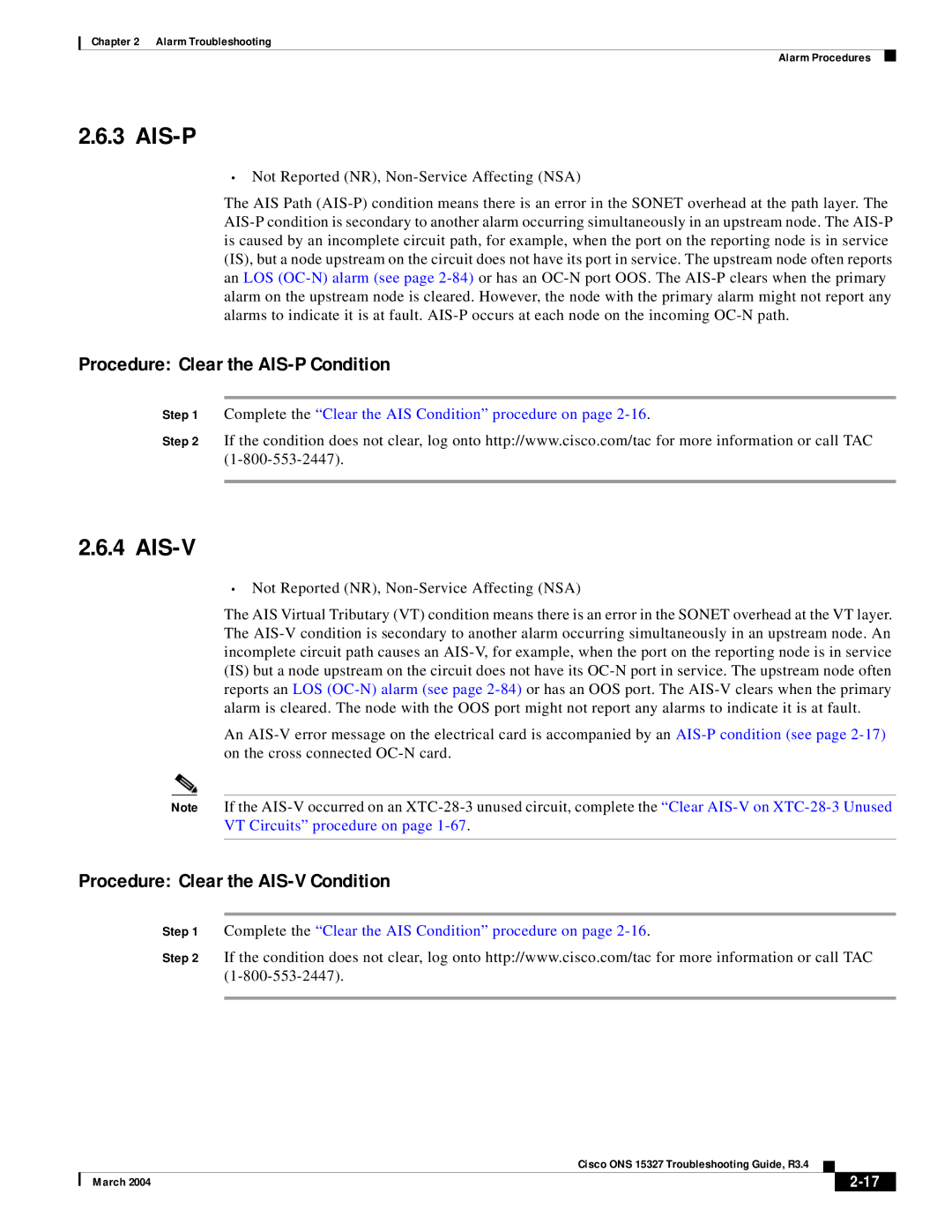 Cisco Systems ONS 15327 manual Ais-P, Ais-V, Procedure Clear the AIS-P Condition, Procedure Clear the AIS-V Condition 