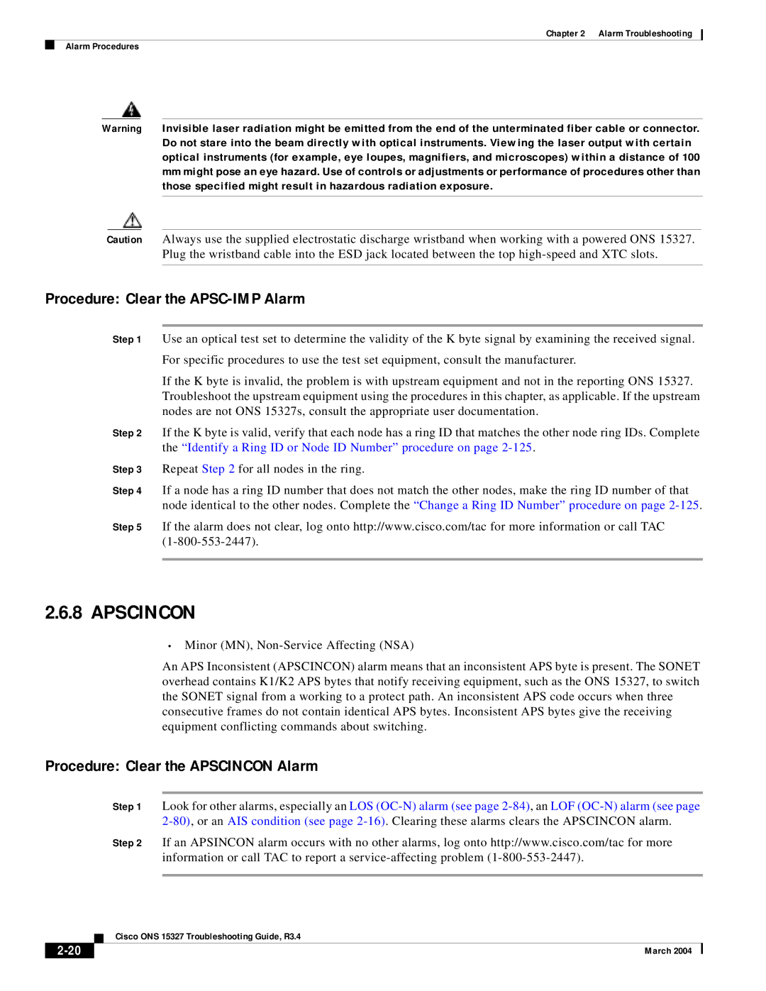 Cisco Systems ONS 15327 manual Procedure Clear the APSC-IMP Alarm, Procedure Clear the Apscincon Alarm 