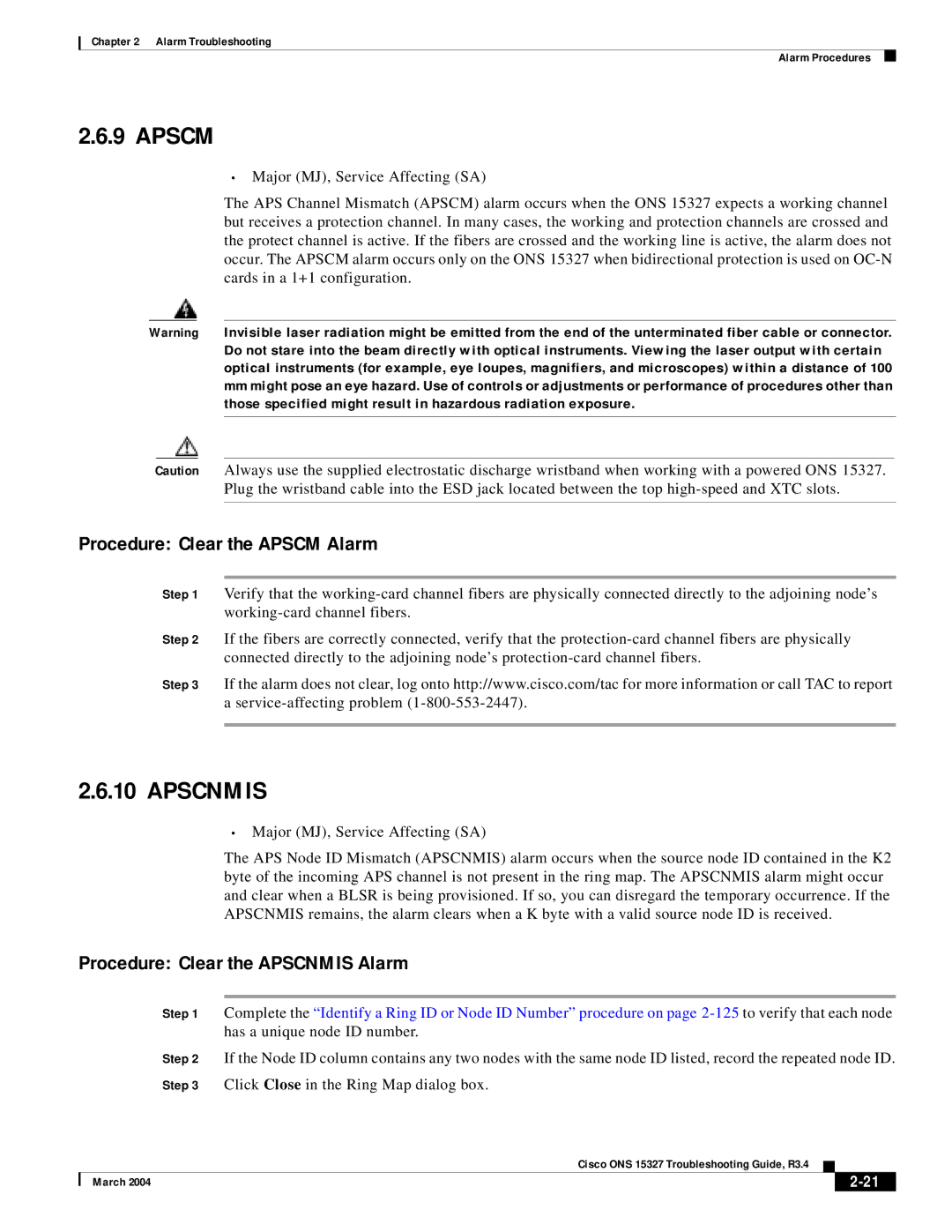 Cisco Systems ONS 15327 manual Procedure Clear the Apscm Alarm, Procedure Clear the Apscnmis Alarm 