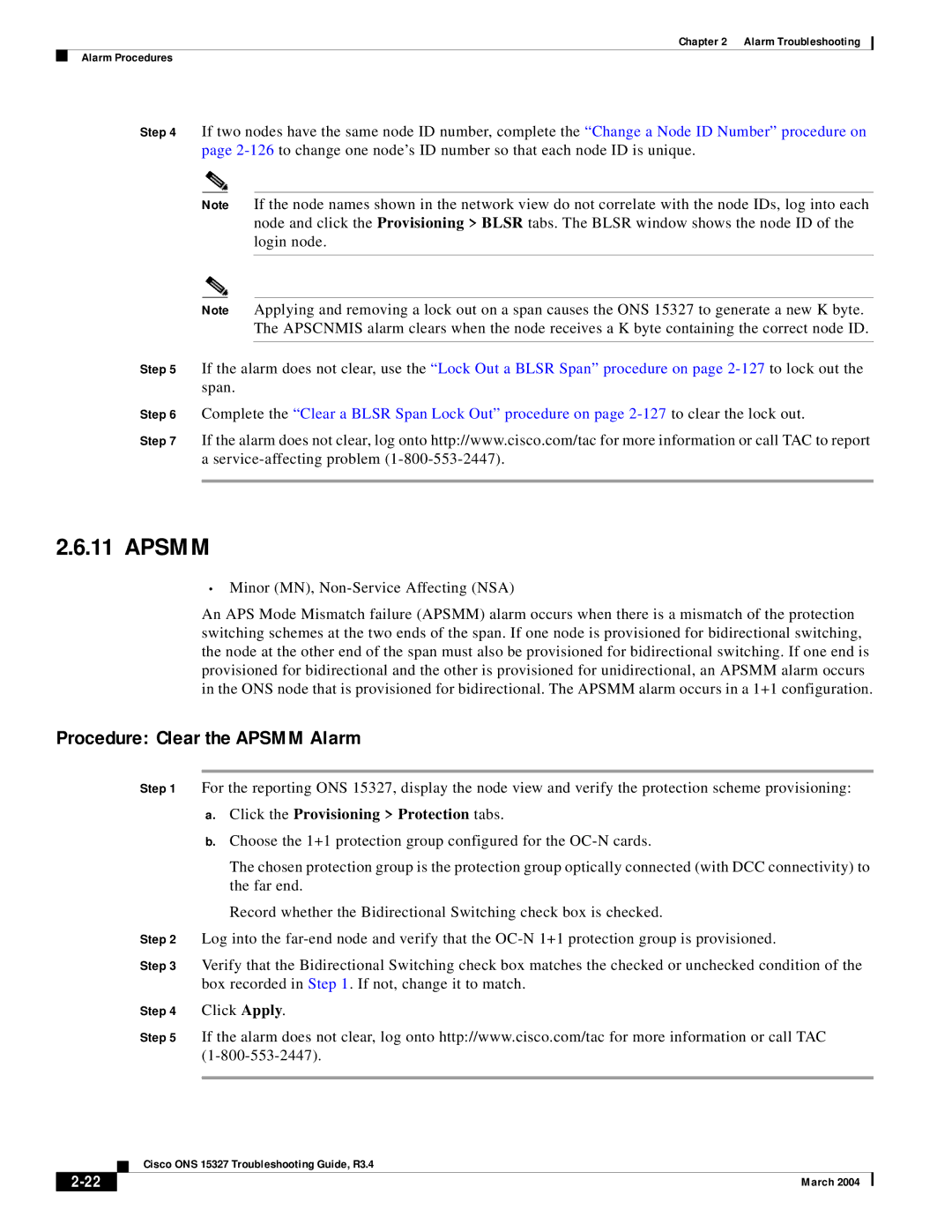 Cisco Systems ONS 15327 manual Procedure Clear the Apsmm Alarm, Click the Provisioning Protection tabs 