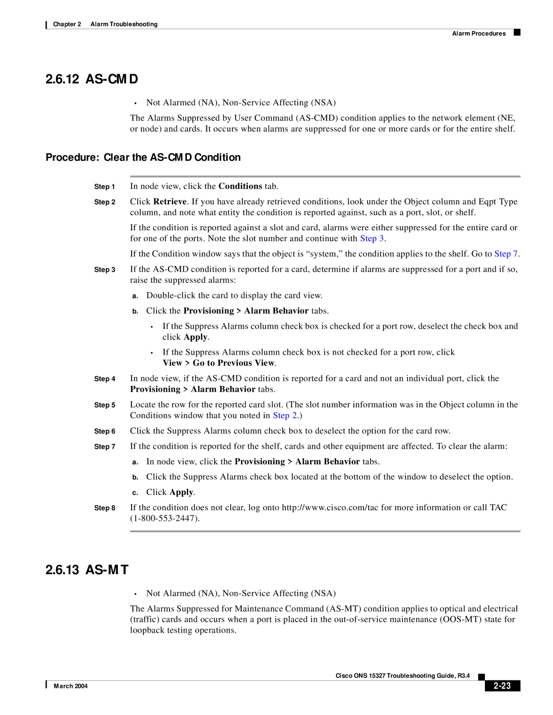 Cisco Systems ONS 15327 As-Cmd, As-Mt, Procedure Clear the AS-CMD Condition, Click the Provisioning Alarm Behavior tabs 