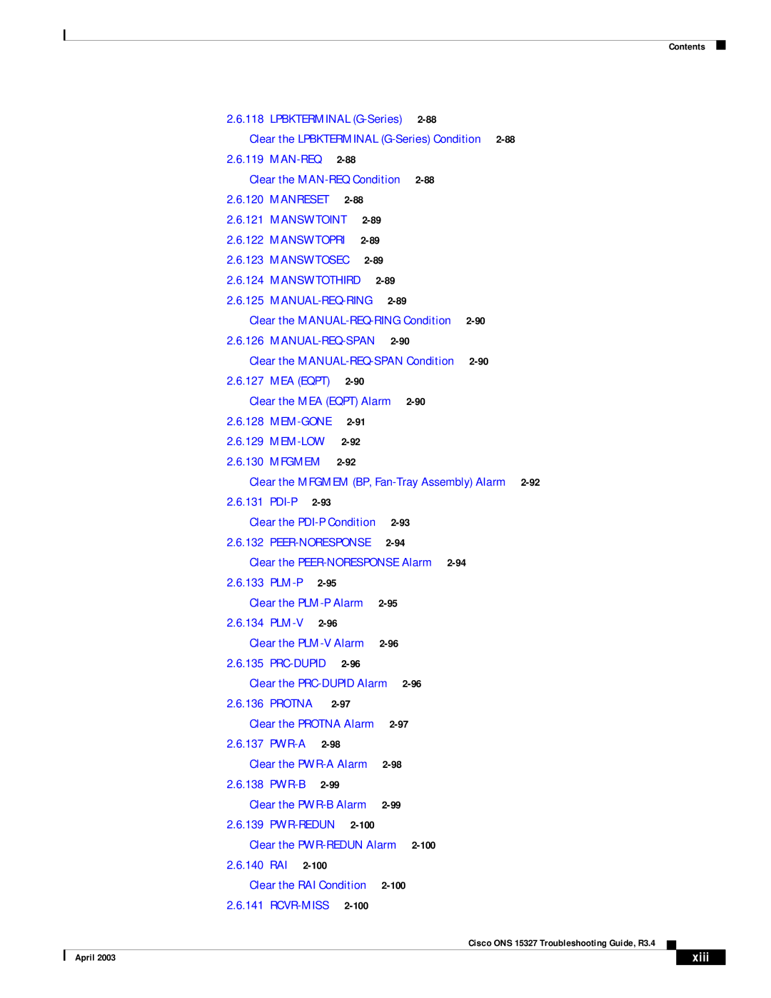 Cisco Systems ONS 15327 manual Clear the Lpbkterminal G-Series Condition, Xiii 