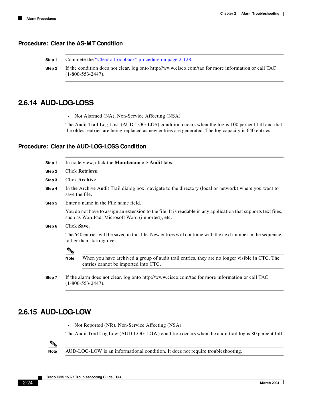 Cisco Systems ONS 15327 manual Aud-Log-Loss, Aud-Log-Low, Procedure Clear the AS-MT Condition, Click Retrieve 