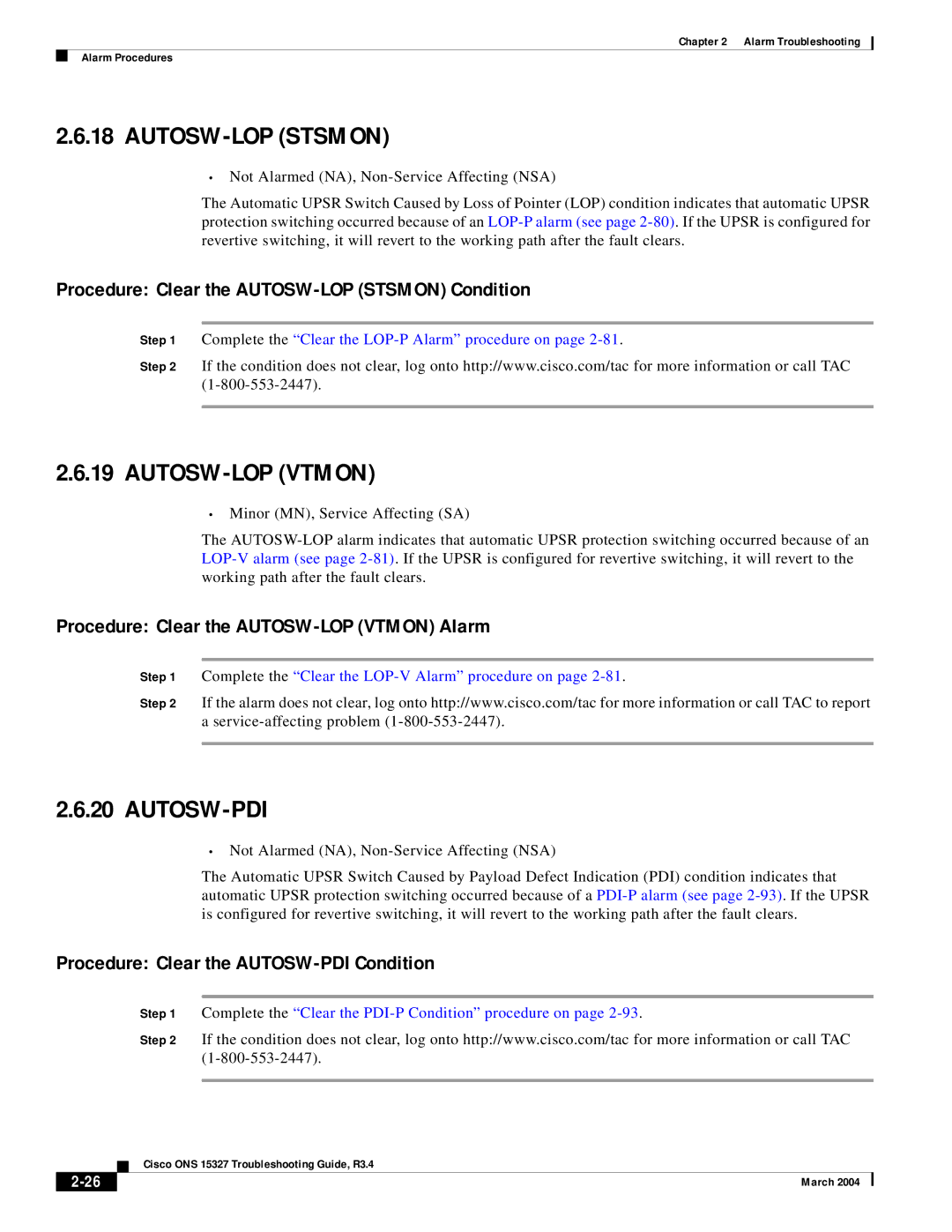 Cisco Systems ONS 15327 manual AUTOSW-LOP Stsmon, AUTOSW-LOP Vtmon, Autosw-Pdi 