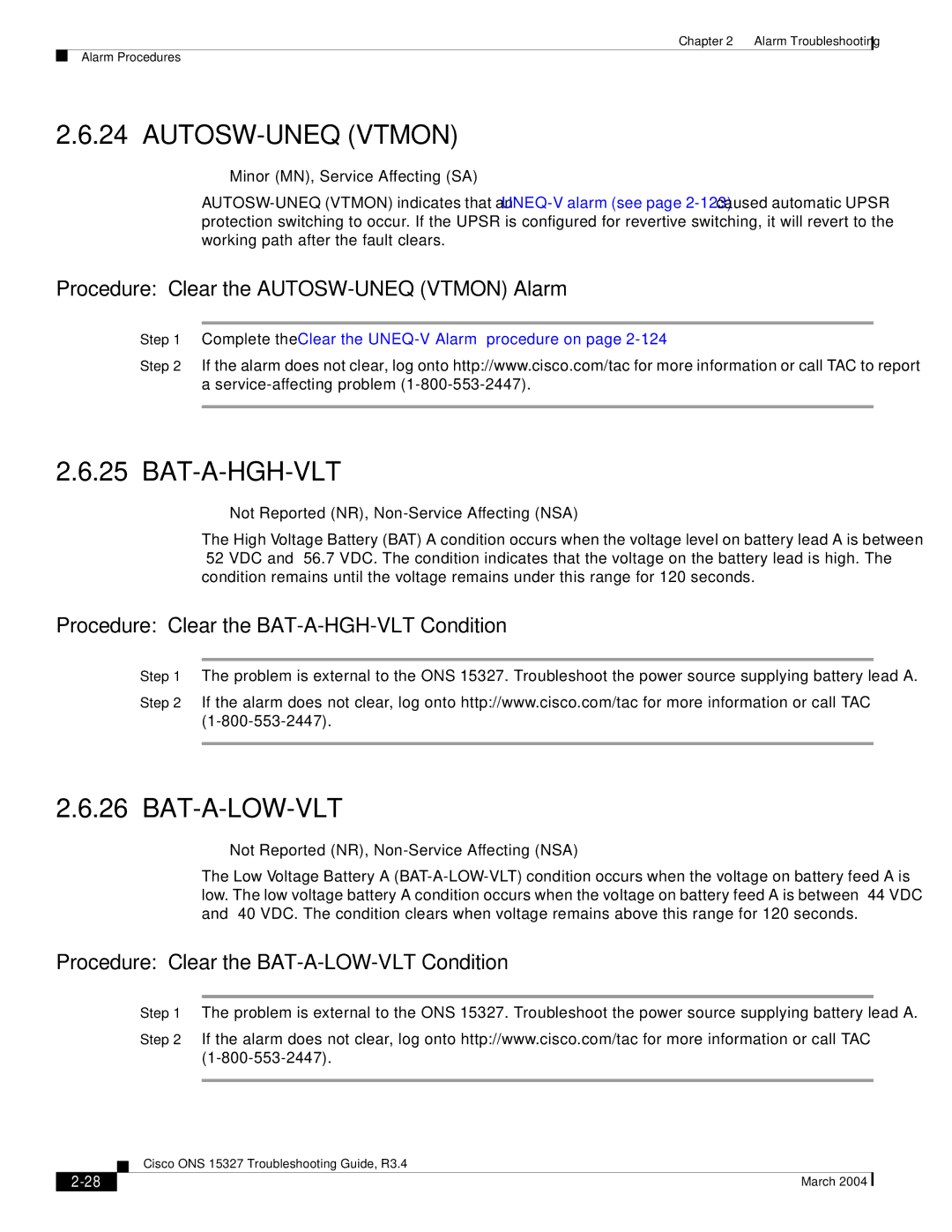 Cisco Systems ONS 15327 manual AUTOSW-UNEQ Vtmon, Bat-A-Hgh-Vlt, Bat-A-Low-Vlt 