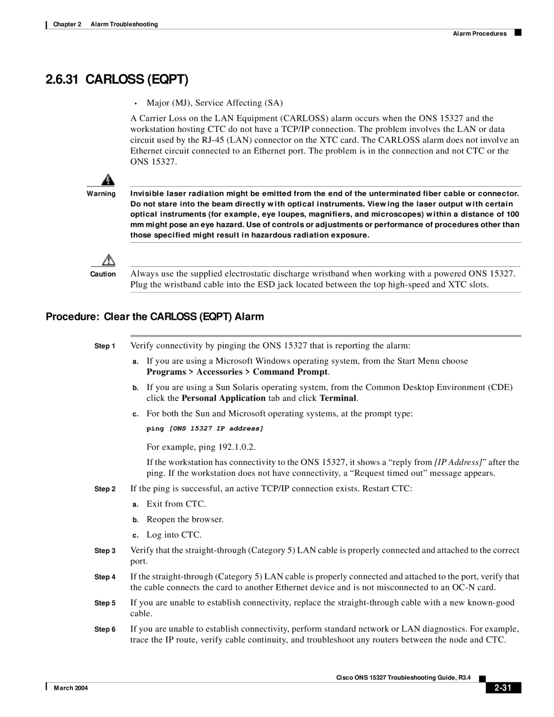 Cisco Systems ONS 15327 manual Procedure Clear the Carloss Eqpt Alarm 