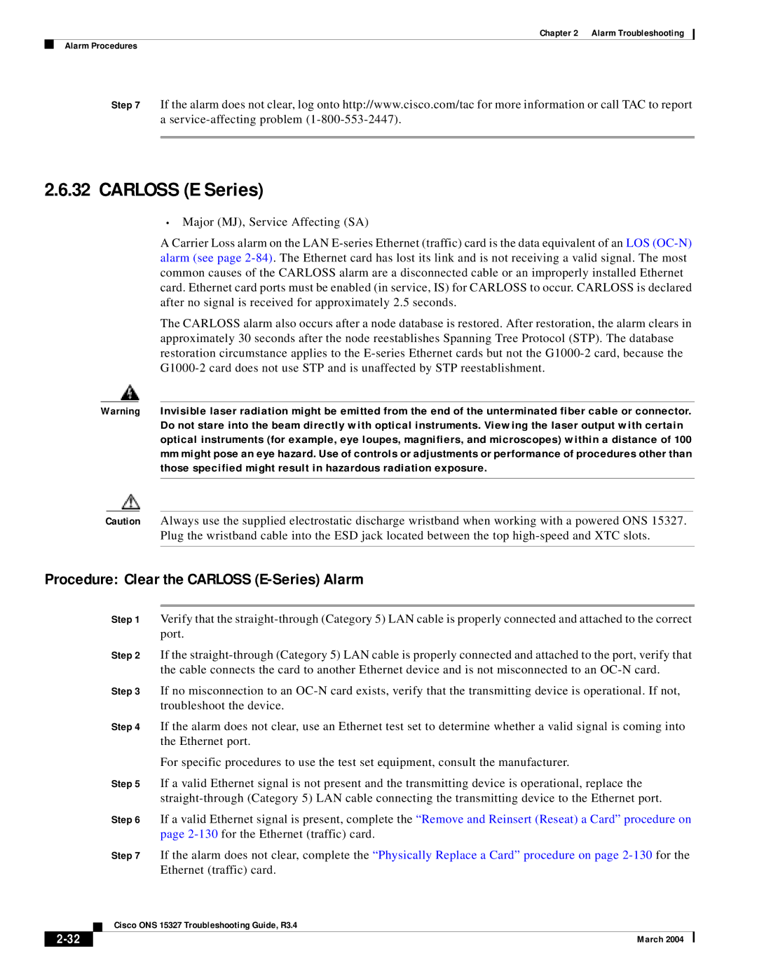 Cisco Systems ONS 15327 manual Carloss E Series, Procedure Clear the Carloss E-Series Alarm 