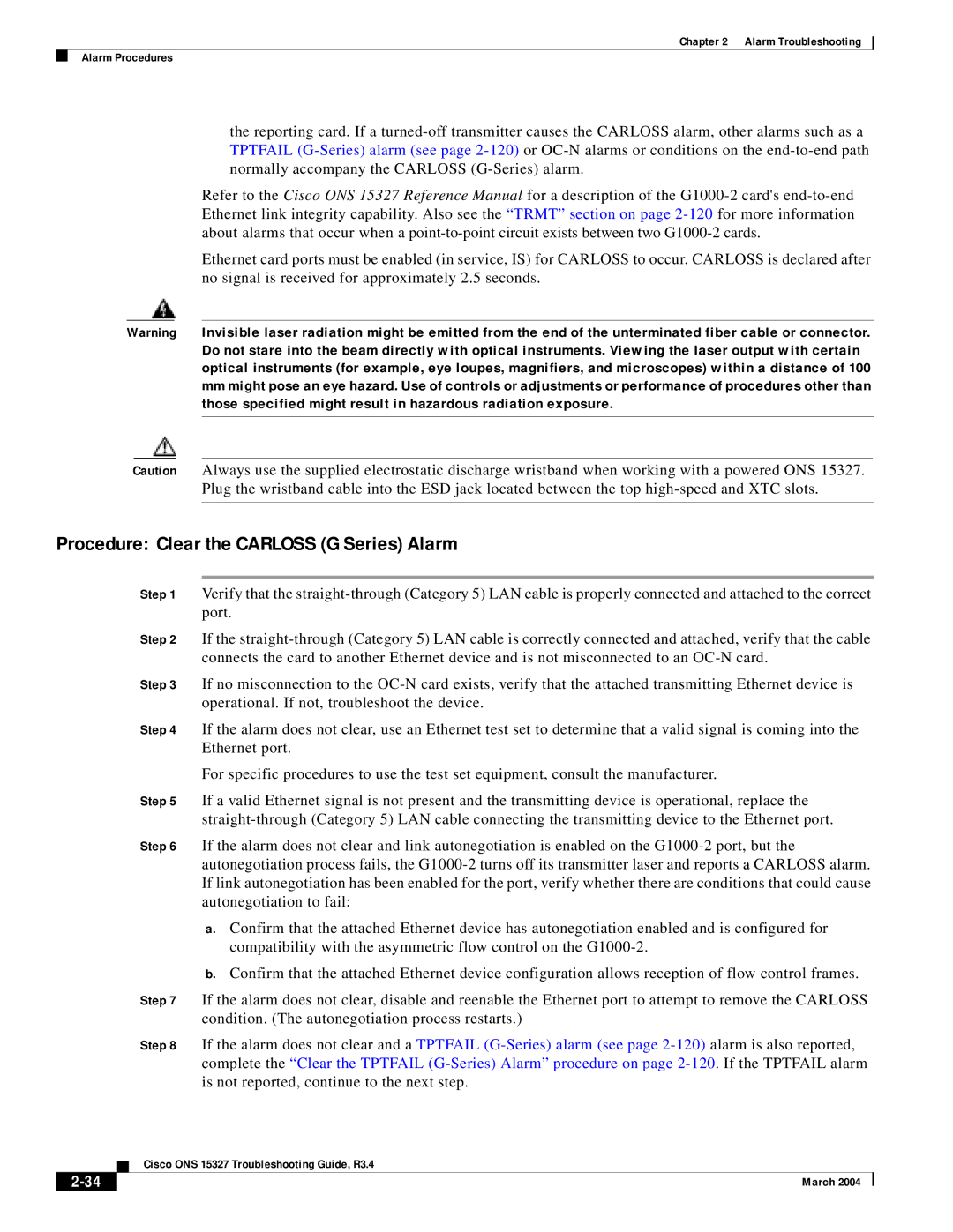 Cisco Systems ONS 15327 manual Procedure Clear the Carloss G Series Alarm 