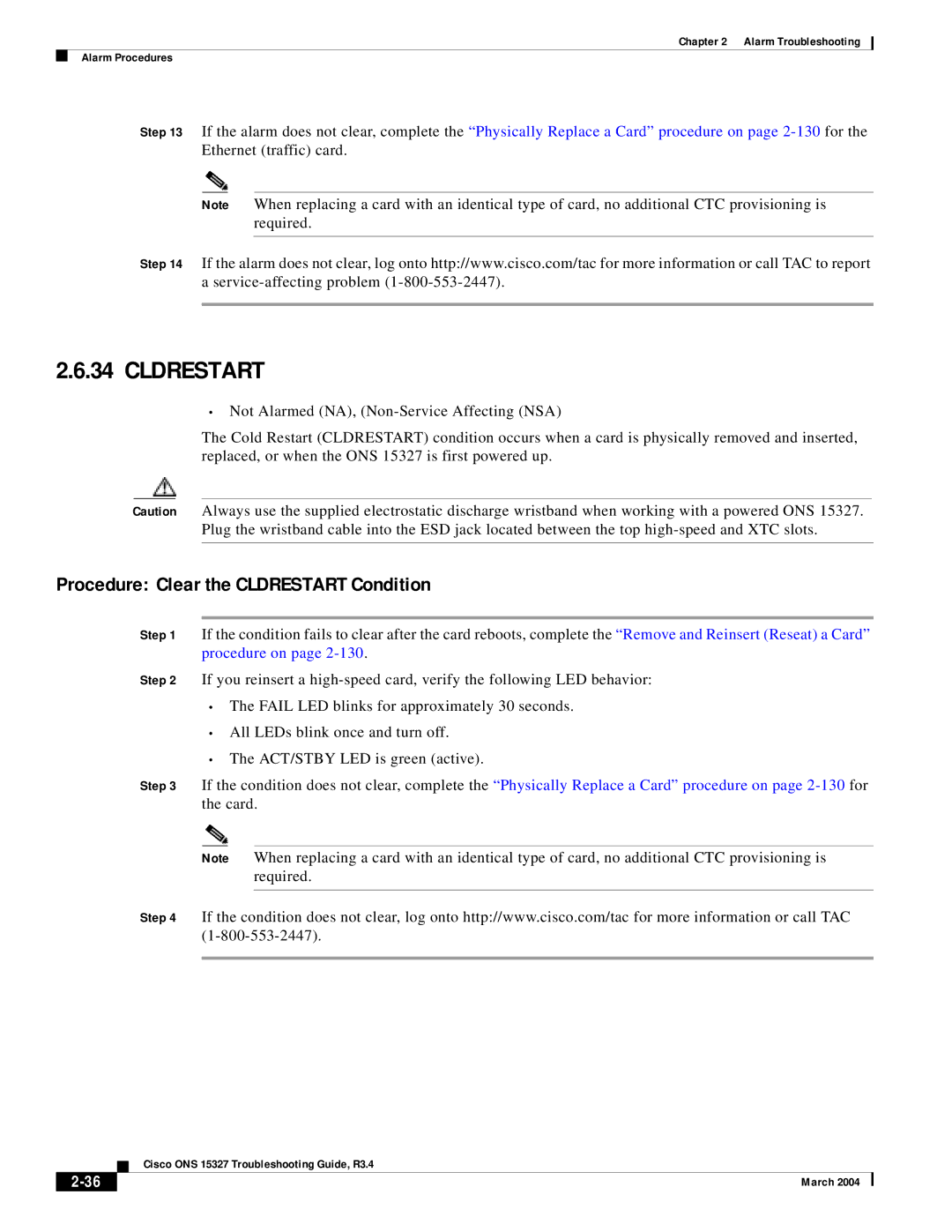 Cisco Systems ONS 15327 manual Procedure Clear the Cldrestart Condition 