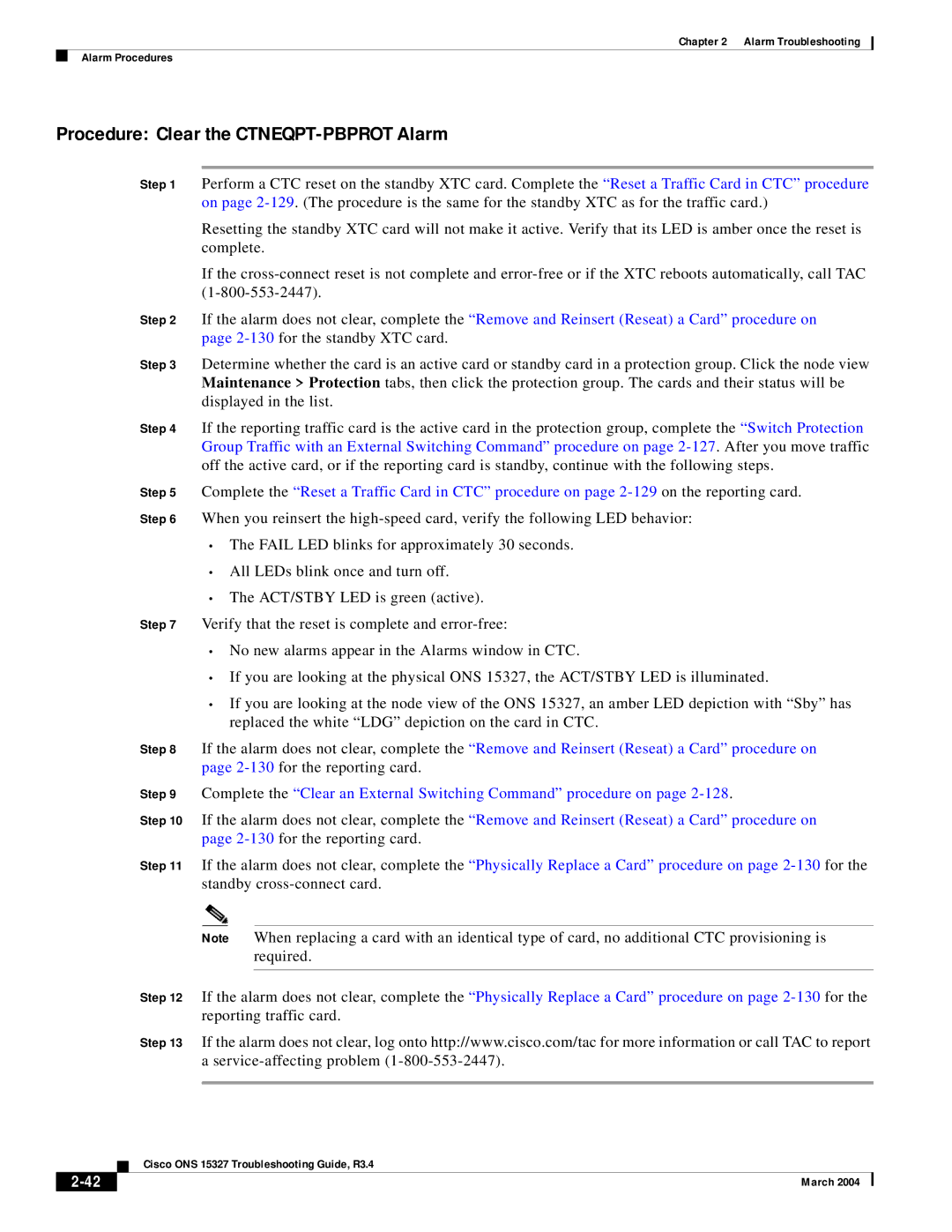 Cisco Systems ONS 15327 manual Procedure Clear the CTNEQPT-PBPROT Alarm 