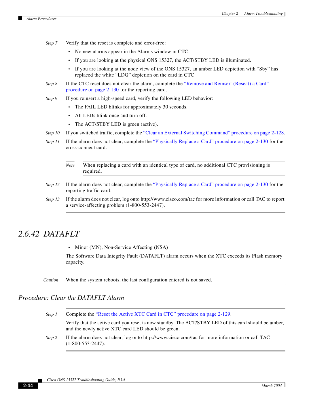 Cisco Systems ONS 15327 manual Procedure Clear the Dataflt Alarm 