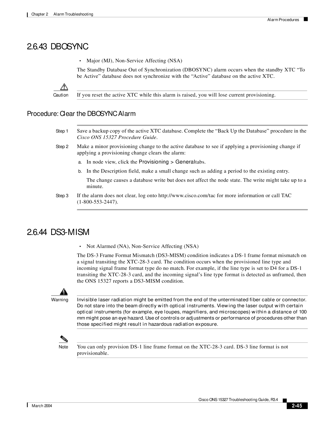 Cisco Systems ONS 15327 manual 44 DS3-MISM, Procedure Clear the Dbosync Alarm 