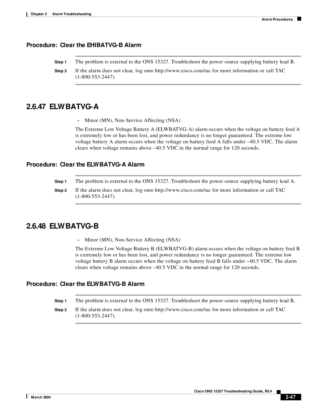 Cisco Systems ONS 15327 Elwbatvg-A, Elwbatvg-B, Procedure Clear the EHIBATVG-B Alarm, Procedure Clear the ELWBATVG-A Alarm 