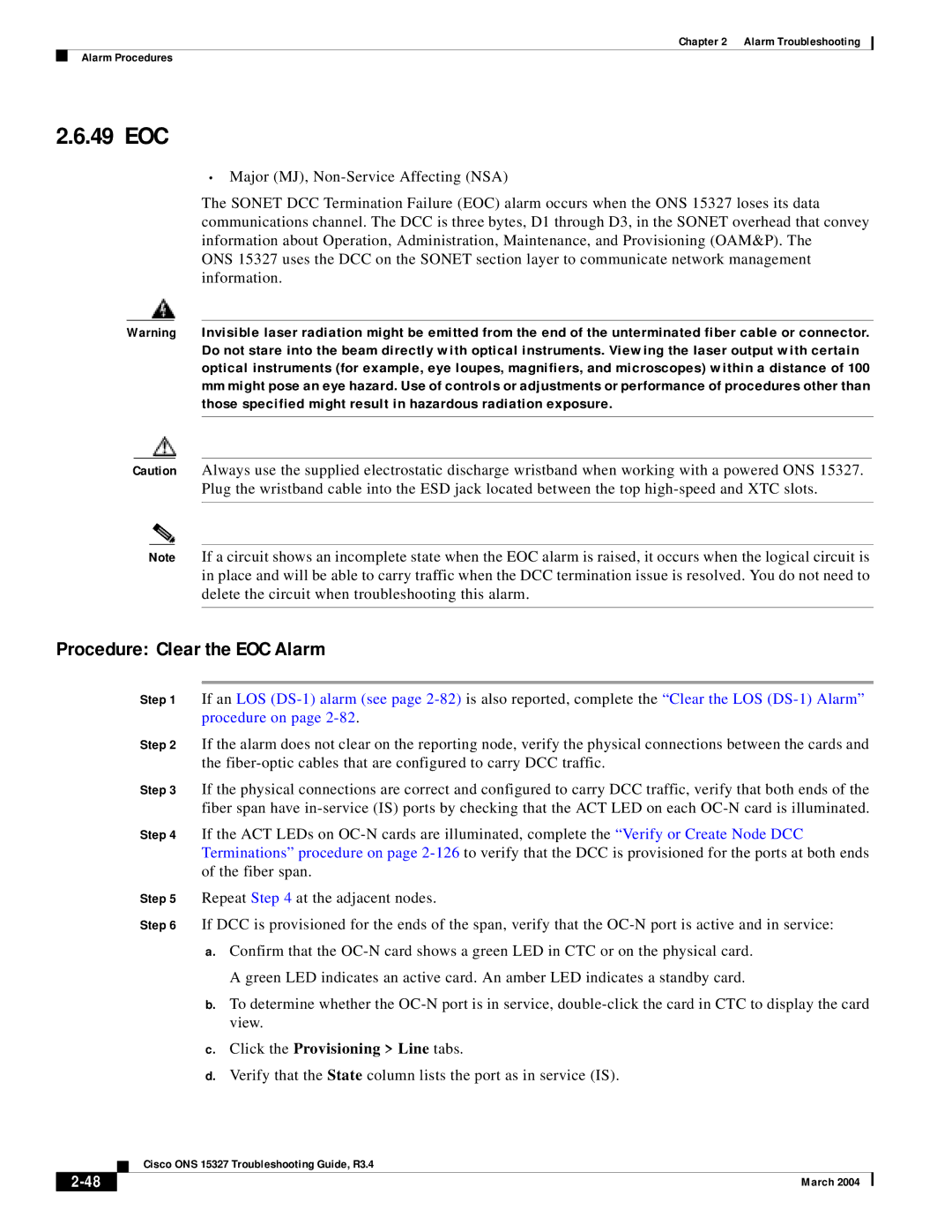 Cisco Systems ONS 15327 manual 49 EOC, Procedure Clear the EOC Alarm, Click the Provisioning Line tabs 