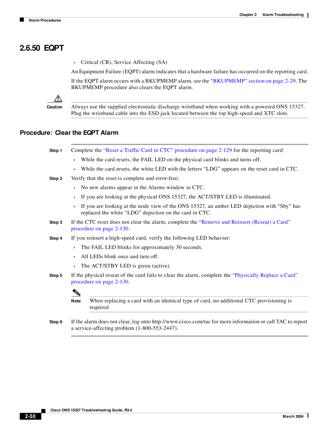 Cisco Systems ONS 15327 manual Procedure Clear the Eqpt Alarm 