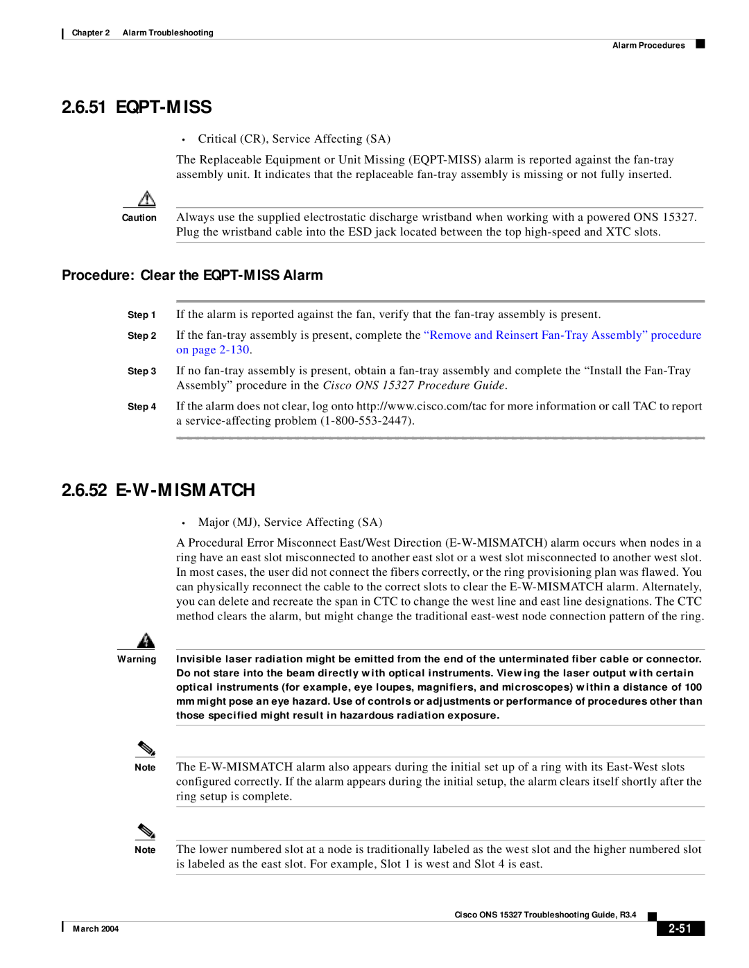 Cisco Systems ONS 15327 manual Eqpt-Miss, W-Mismatch, Procedure Clear the EQPT-MISS Alarm 