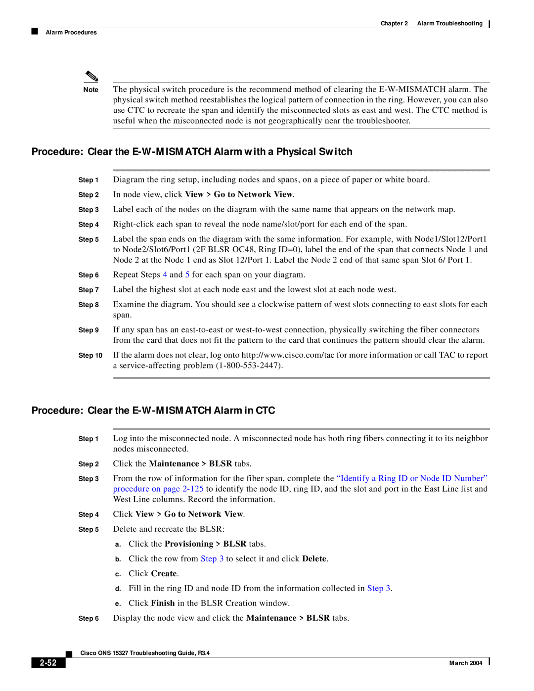 Cisco Systems ONS 15327 manual Procedure Clear the E-W-MISMATCH Alarm in CTC, Node view, click View Go to Network View 