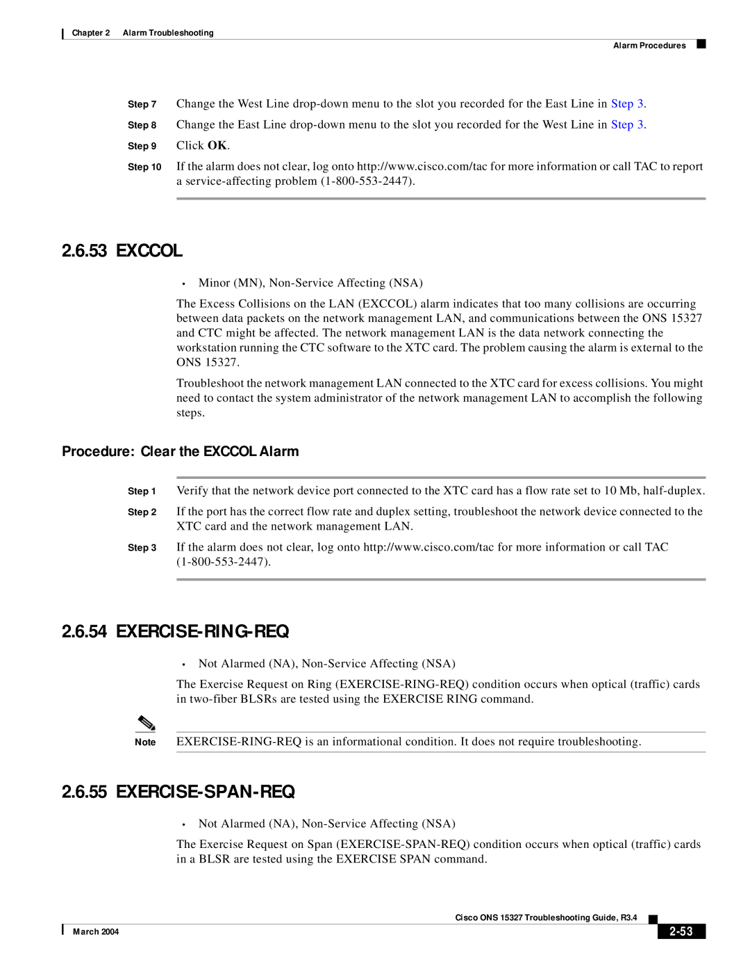 Cisco Systems ONS 15327 manual Exercise-Ring-Req, Exercise-Span-Req, Procedure Clear the Exccol Alarm 